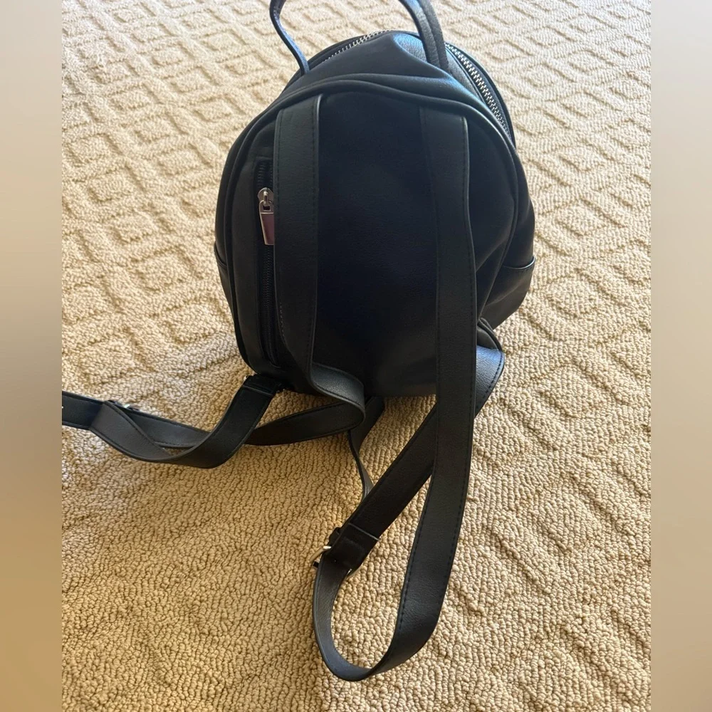 Mini Black Backpack, Faux Leather with Silver Hardware